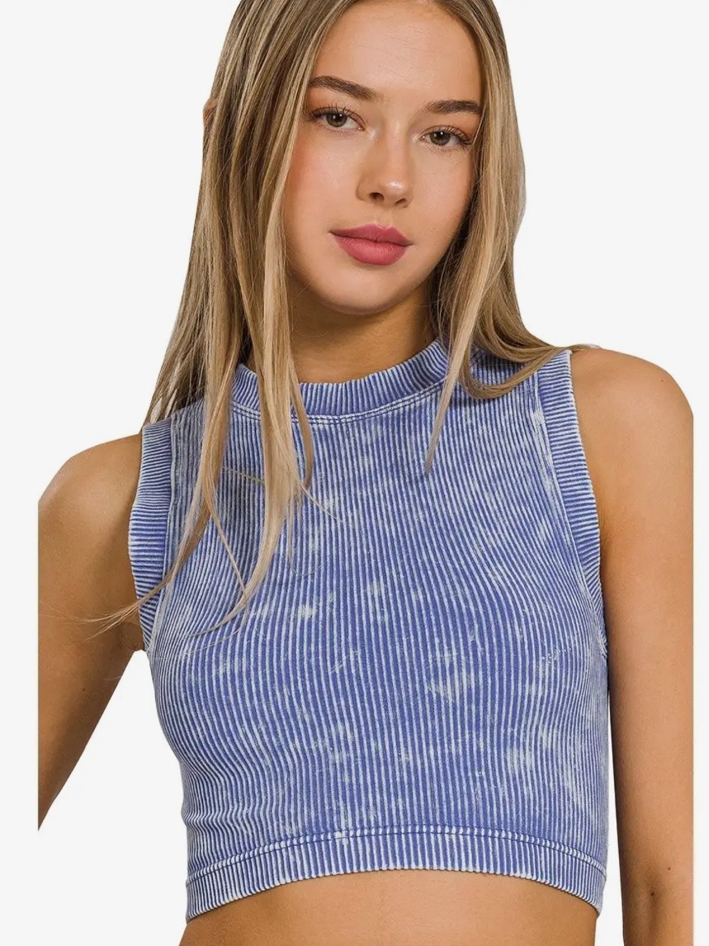 NWT Zenana Acid Wash Ribbed Cropped Tank Top | Light Indigo | Size L/XL